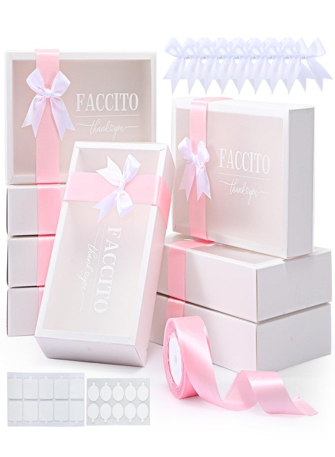 Faccito 8 Pcs Thank You Gift Boxes with Window Bulk 9.8x5.9x2.4 Inch Clear Bridesmaid Proposal Box with Pink Ribbon, White Bows, Double Sided Clear dot for Wedding, Packaging, Present, Birthday - Image 1